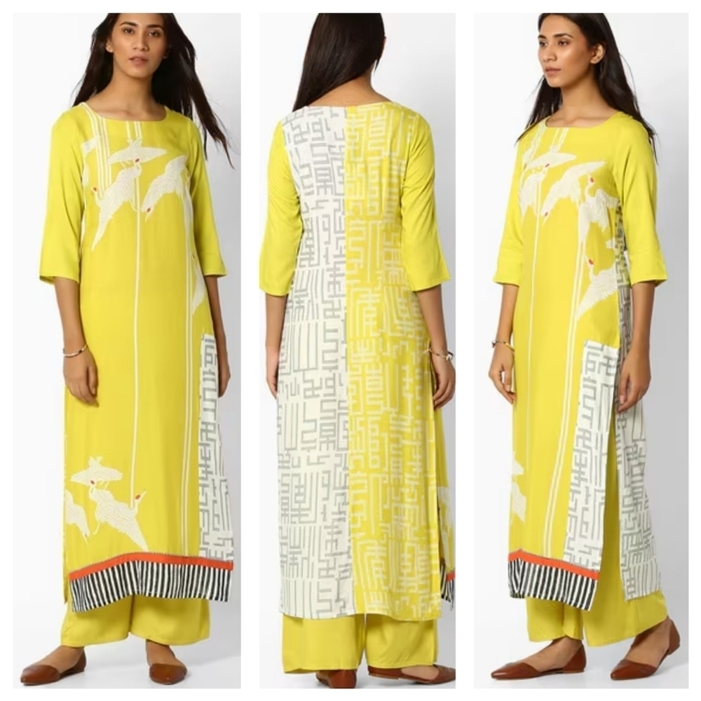 W Woman Primted Straight Kurta Sz 10 Yellow White Birdies Indian Pakistan Tunic